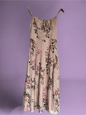 Lush Floral Rose Vintage Cottagecore Taupe Beige Sundress Size Small